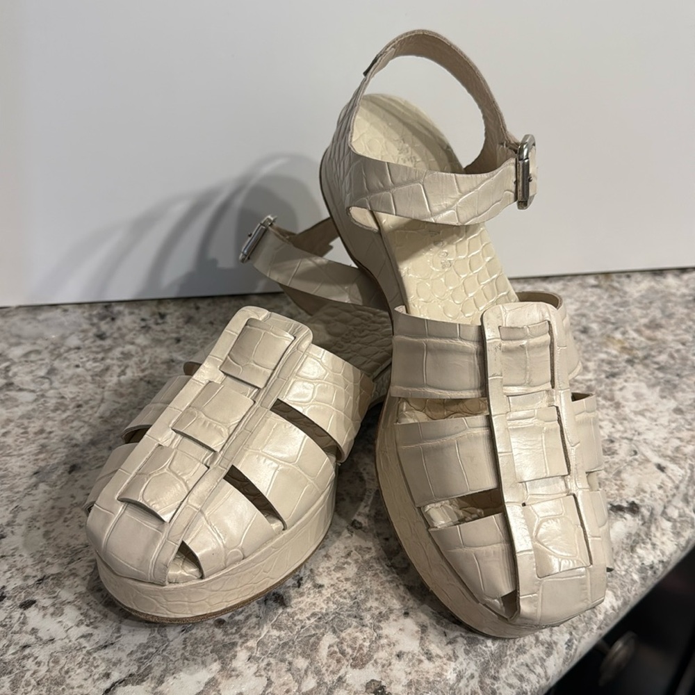 Freda Salvador Lizzie bone embossed croc platform fisherman sandal